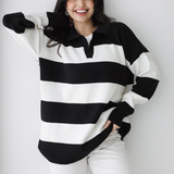 Oversized Striped Knit Sweater-Black