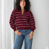 Striped Collar Sweater-Burgundy