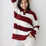 Oversized Striped Knit Sweater-Burgundy