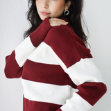 Oversized Striped Knit Sweater-Burgundy