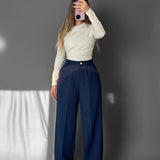 Elastic waist wide-leg pants- Navy