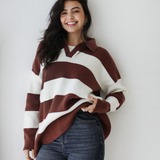 Oversized Striped Knit Sweater-Brown
