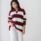 Oversized Striped Knit Sweater-Burgundy