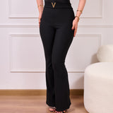 V-High-Waisted Flared Pants -Black