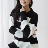 Oversized Striped Knit Sweater-Black