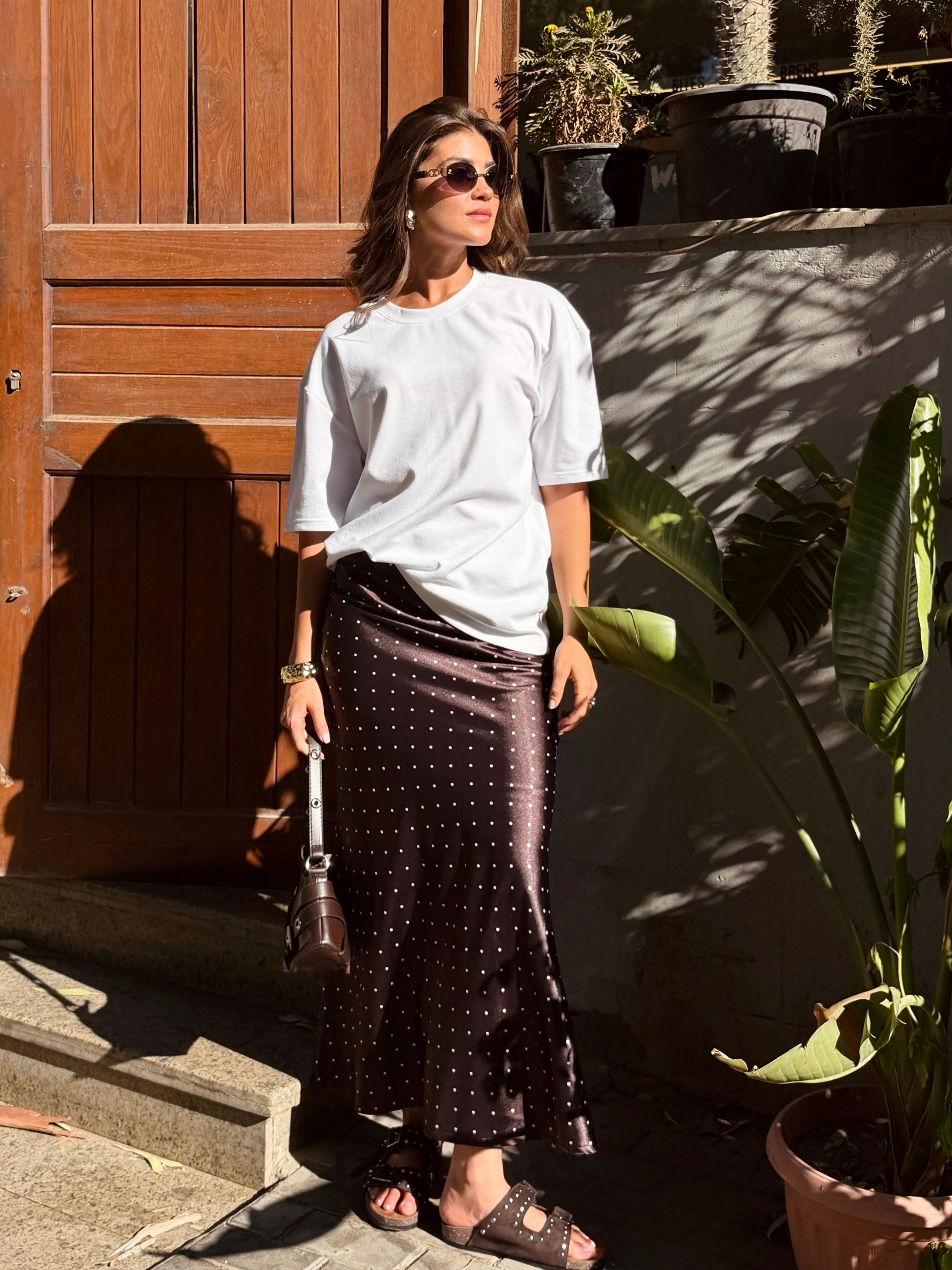 Polka Dot Satin Skirt- Brown
