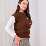 Gold Button Knit Cardigan- Brown
