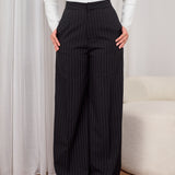 High Waist Pinstripe Pants- Black