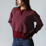 Striped Collar Knit Sweater-Burgundy