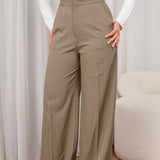 High Waist Pinstripe Pants- Beige