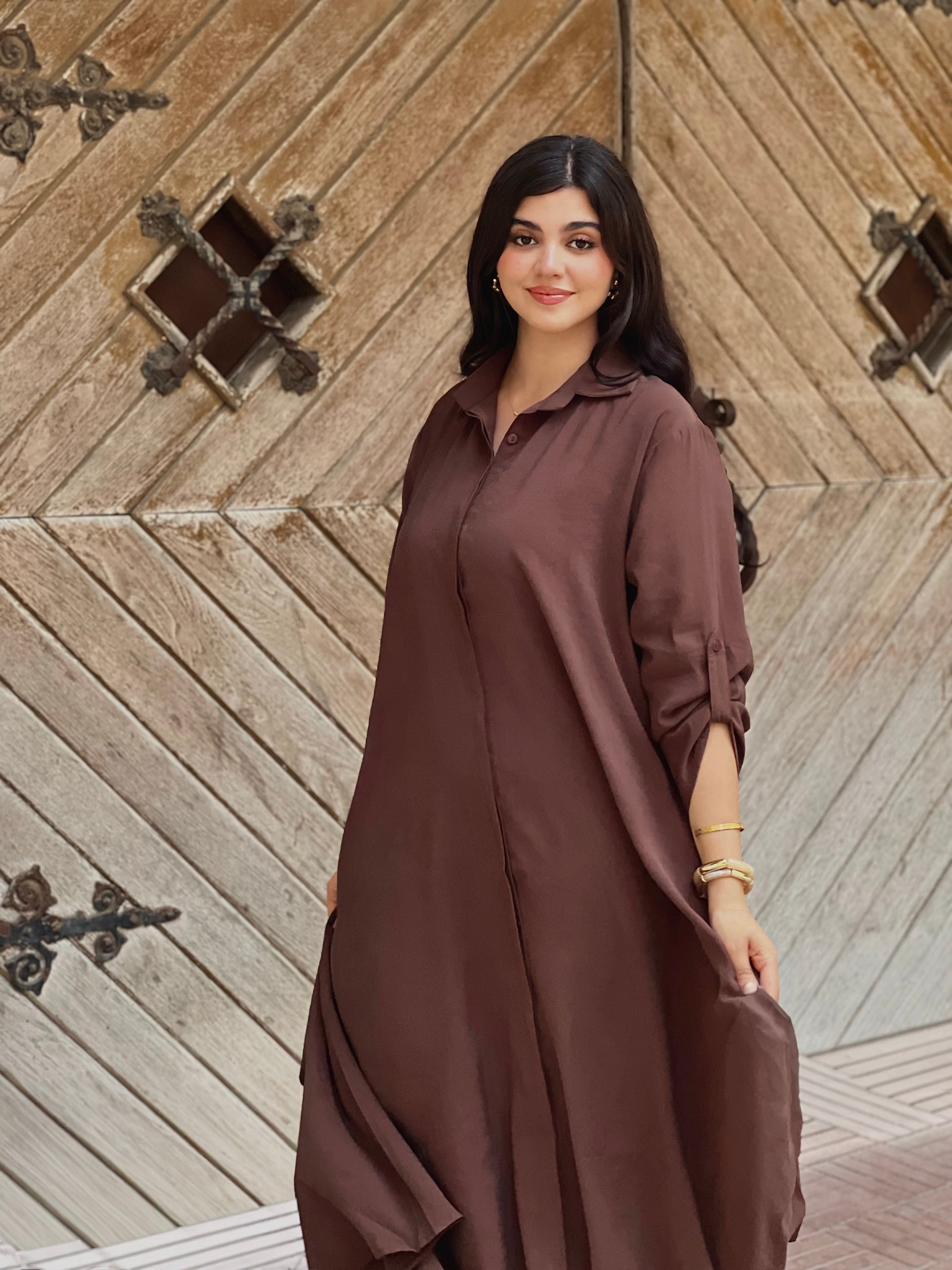 A-Line Shirt Dress - Brown