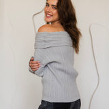 Off-Shoulder Knit Sweater- Gray
