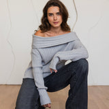 Off-Shoulder Knit Sweater- Gray