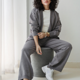 Open Cardigan Knit Set-Gray
