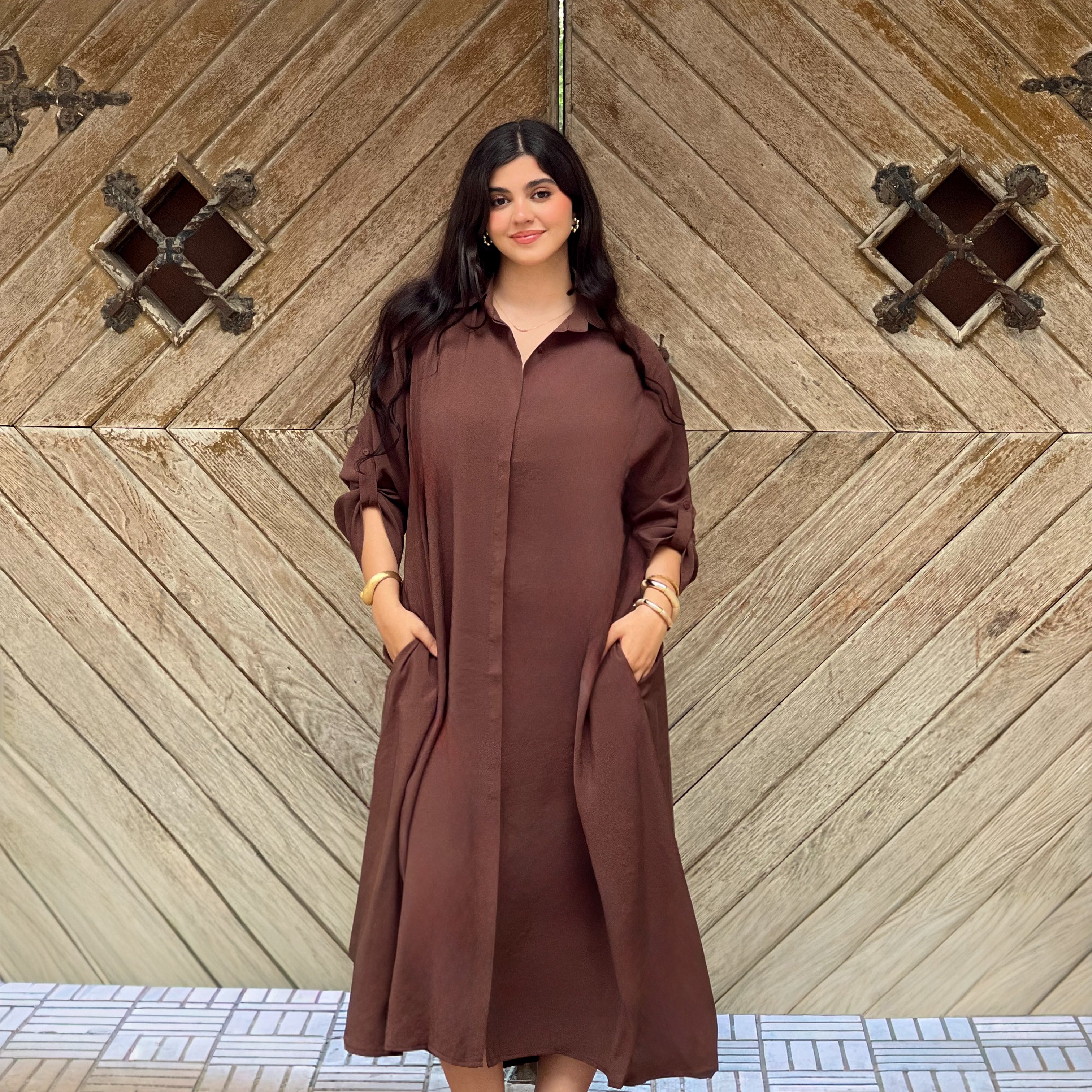 A-Line Shirt Dress - Brown