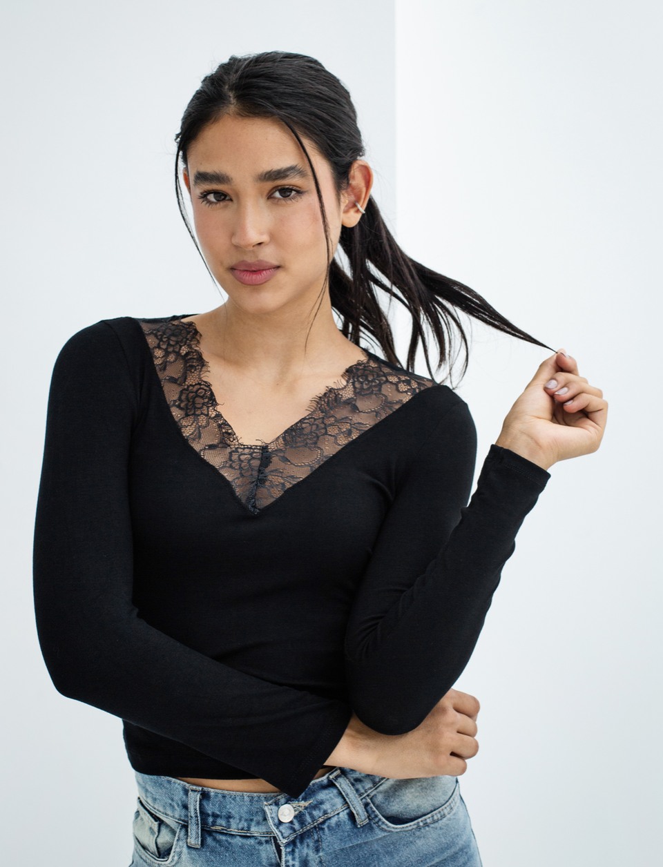 Lace V-Neck Long Sleeve Top