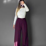 Elastic waist wide-leg pants-burgundy