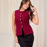 Striped Button Knit Vest - Burgundy