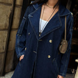 Long Denim Trench Coat- Dark Blue