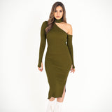 ONE SHOULDER BASIC DRESS-Olive