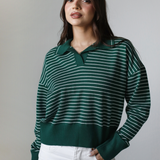 Striped Collar Knit Sweater-Olive