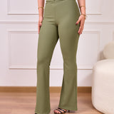 V-High-Waisted Flared Pants-olive