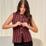 Striped Button Knit Vest - Brown