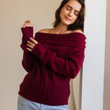 Off-Shoulder Knit Sweater- Burgundy