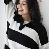 Oversized Striped Knit Sweater-Black