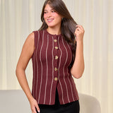 Striped Button Knit Vest - Brown