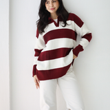 Oversized Striped Knit Sweater-Burgundy