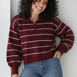 Striped Collar Sweater-Burgundy