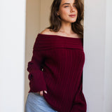 Off-Shoulder Knit Sweater- Burgundy