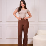V-High-Waisted Flared Pants -Brown