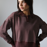 Striped Collar Knit Sweater- Brown