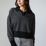 Striped Collar Knit Sweater-Black