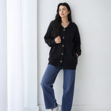 Oversized Hooded Knit Jacket-Black