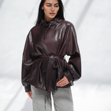 High Collar Leather Jacket-Burgandy