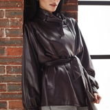 High Collar Leather Jacket-Burgandy