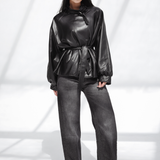 High Collar Leather Jacket-Black