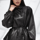 High Collar Leather Jacket-Black