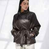 High Collar Leather Jacke-Brown