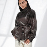 High Collar Leather Jacke-Brown
