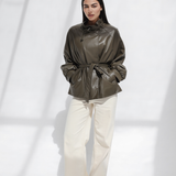High Collar Leather Jacket-Olive