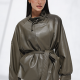 High Collar Leather Jacket-Olive