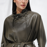 High Collar Leather Jacket-Olive