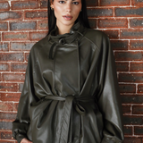 High Collar Leather Jacket-Olive