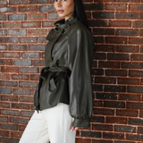 High Collar Leather Jacket-Olive